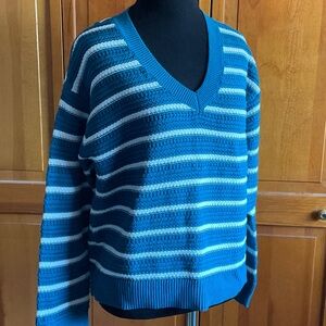 LOFT Blue Striped V-Neck Sweater